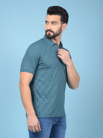 Green Jacquard Polo-Neck T-Shirt-Men T-Shirts-Crimsoune Club