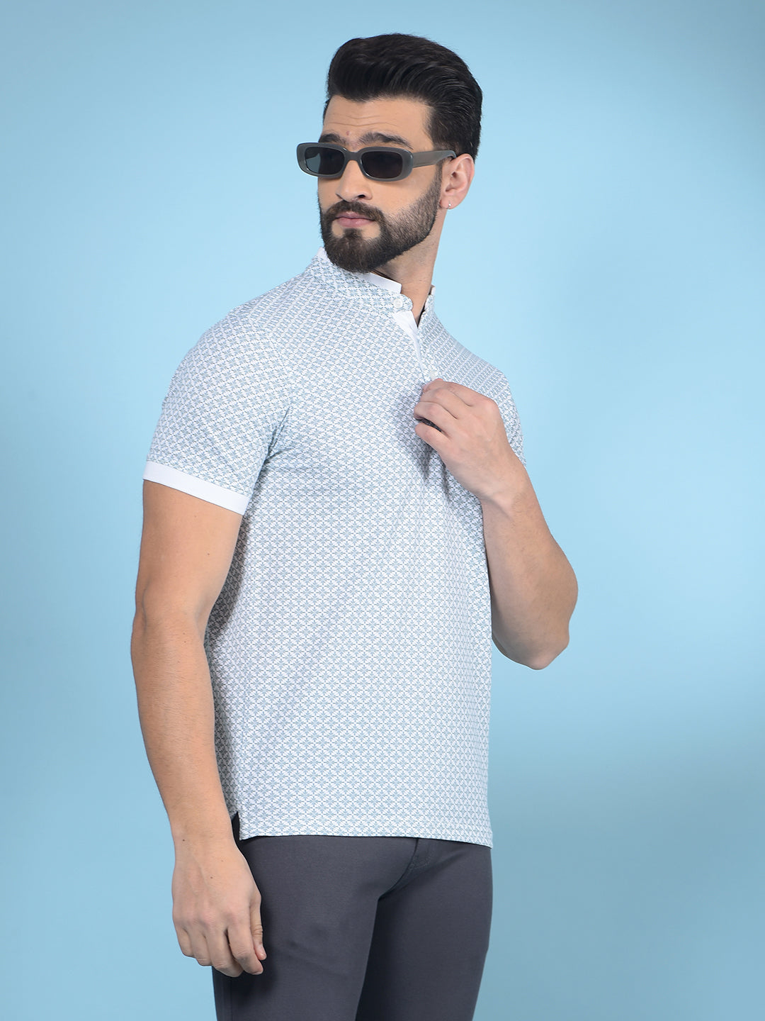 Green Printed Mandarin Neck T-Shirt-Men T-Shirts-Crimsoune Club