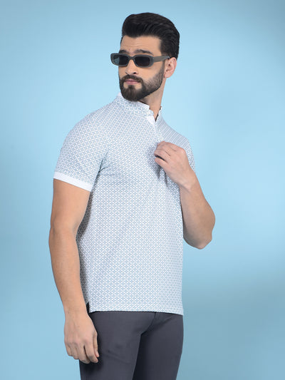 Green Printed Mandarin Neck T-Shirt-Men T-Shirts-Crimsoune Club