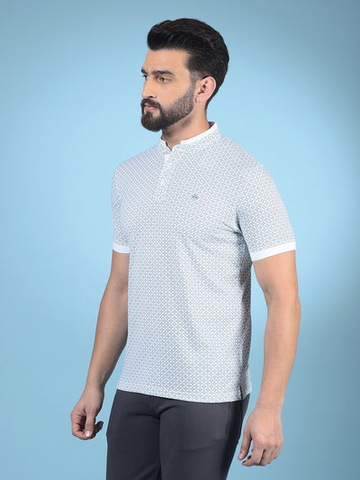 Green Printed Mandarin Neck T-Shirt-Men T-Shirts-Crimsoune Club