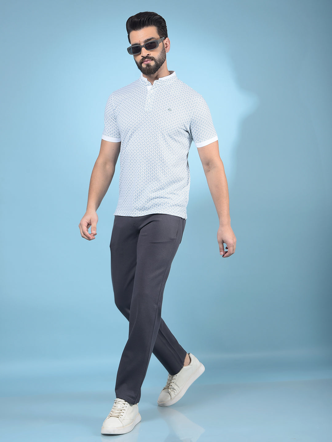 Green Printed Mandarin Neck T-Shirt-Men T-Shirts-Crimsoune Club