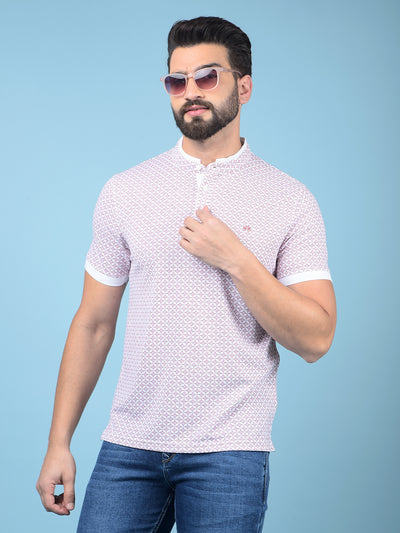 Pink Printed Mandarin Neck T-Shirt-Men T-Shirts-Crimsoune Club