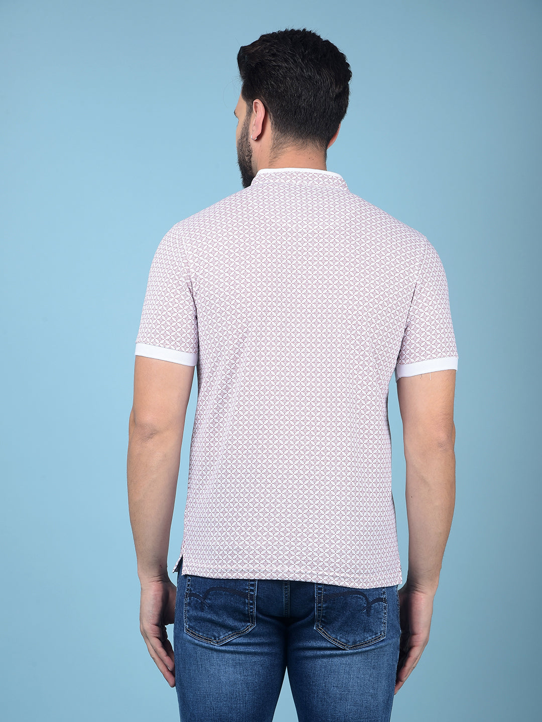 Pink Printed Mandarin Neck T-Shirt-Men T-Shirts-Crimsoune Club
