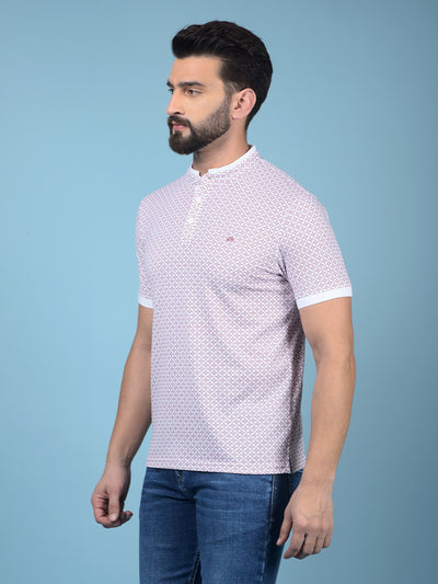 Pink Printed Mandarin Neck T-Shirt-Men T-Shirts-Crimsoune Club