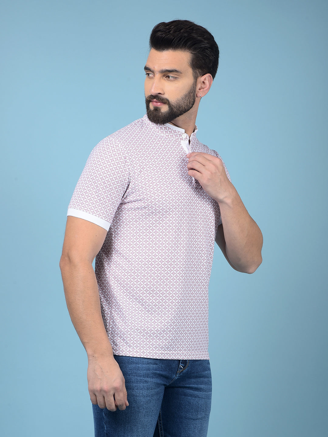 Pink Printed Mandarin Neck T-Shirt-Men T-Shirts-Crimsoune Club