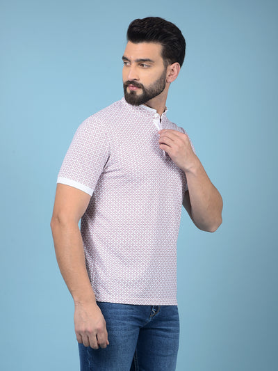 Pink Printed Mandarin Neck T-Shirt-Men T-Shirts-Crimsoune Club