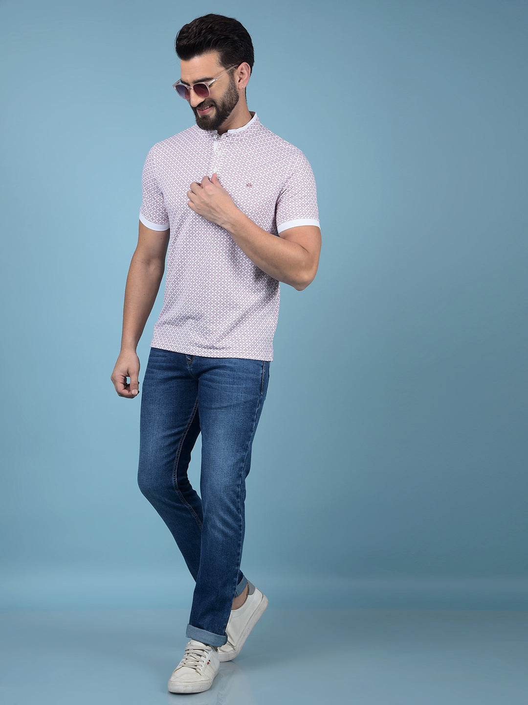Pink Printed Mandarin Neck T-Shirt-Men T-Shirts-Crimsoune Club