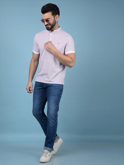 Pink Printed Mandarin Neck T-Shirt-Men T-Shirts-Crimsoune Club