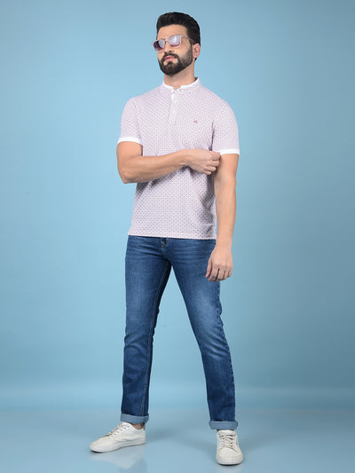 Pink Printed Mandarin Neck T-Shirt-Men T-Shirts-Crimsoune Club