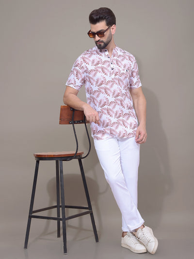 Brown Floral Print Linen Kurta-Men Kurtas-Crimsoune Club
