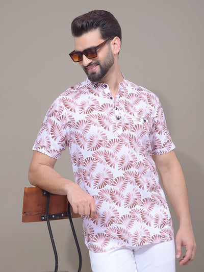 Brown Floral Print Linen Kurta-Men Kurtas-Crimsoune Club