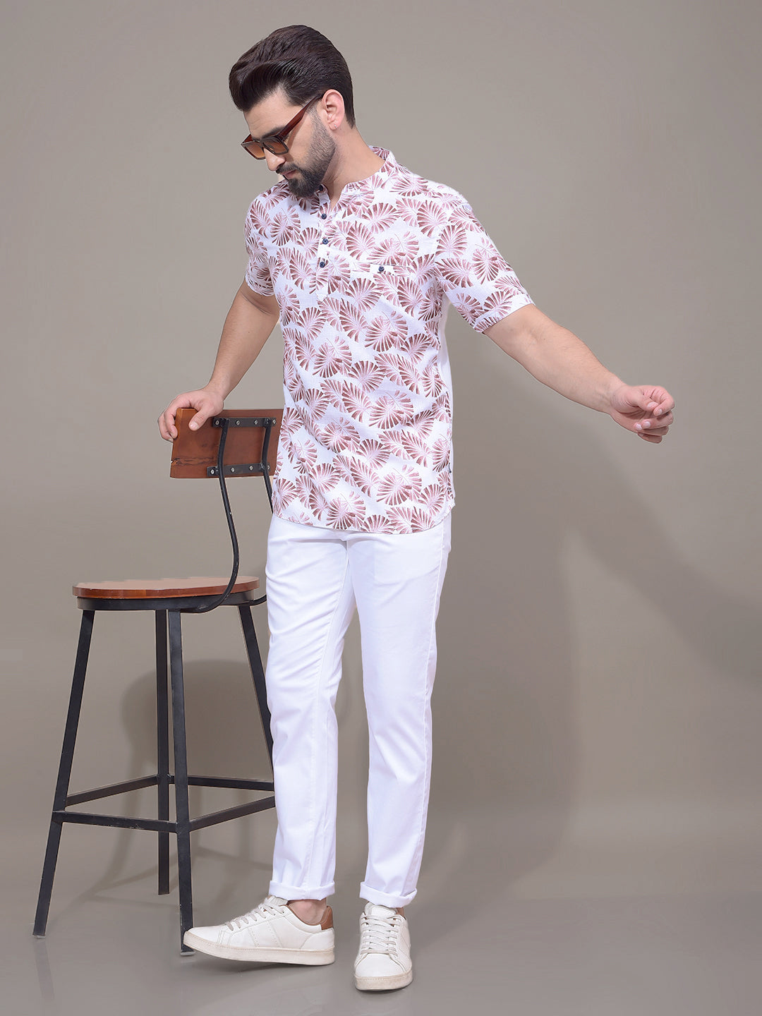 Brown Floral Print Linen Kurta-Men Kurtas-Crimsoune Club