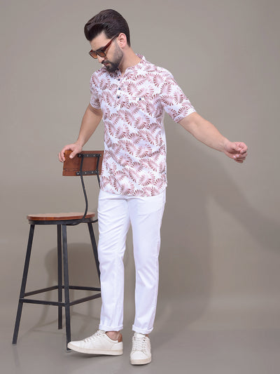 Brown Floral Print Linen Kurta-Men Kurtas-Crimsoune Club