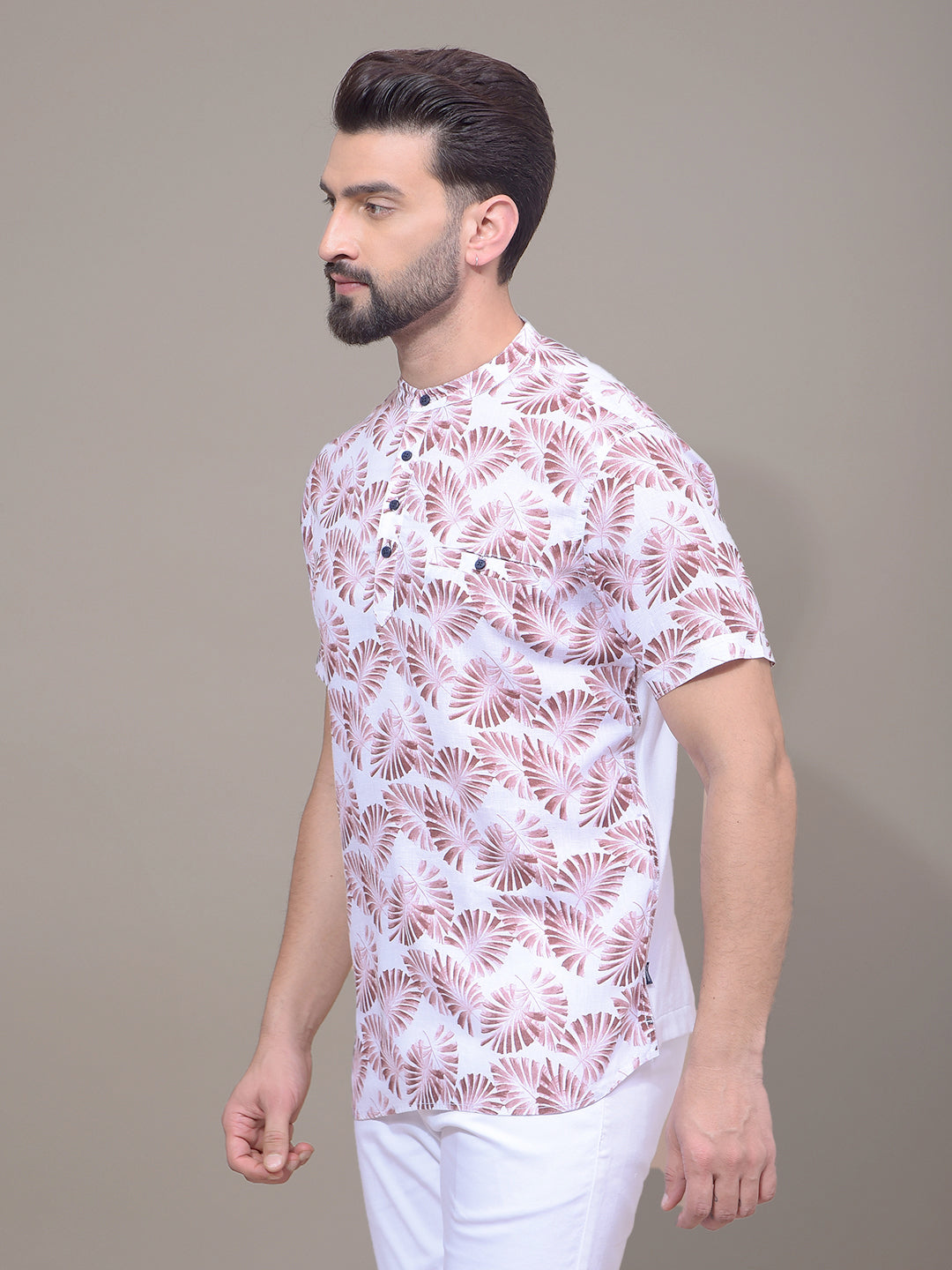 Brown Floral Print Linen Kurta-Men Kurtas-Crimsoune Club