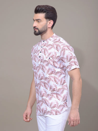 Brown Floral Print Linen Kurta-Men Kurtas-Crimsoune Club