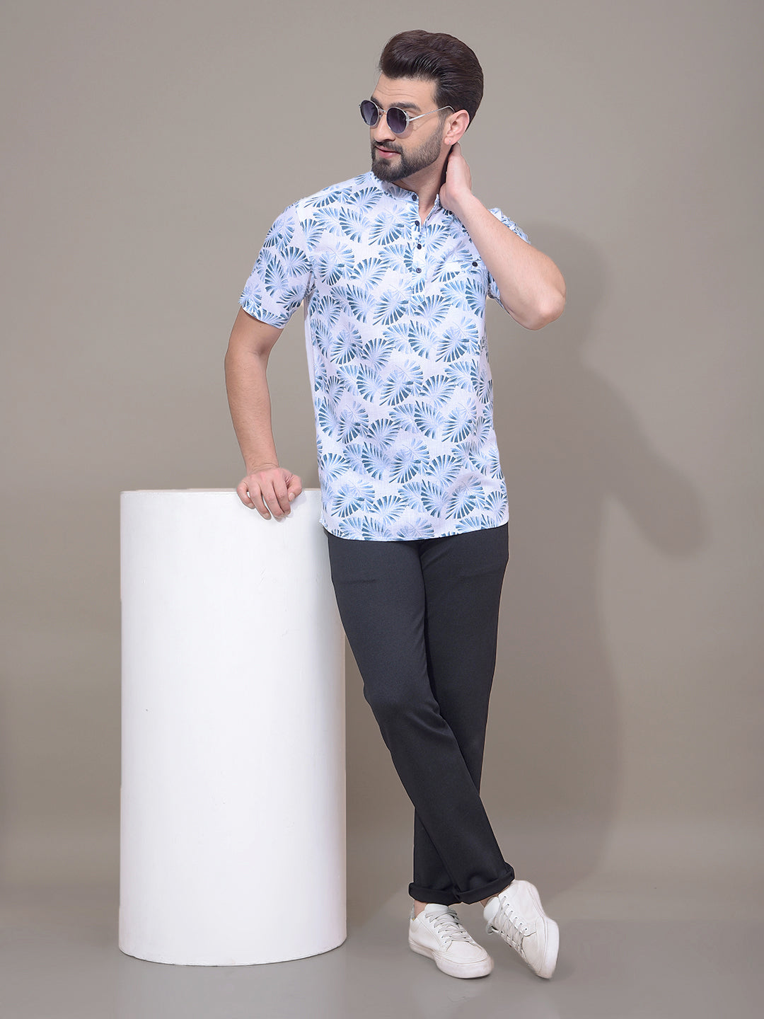 Green Floral Print Linen Kurta-Men Kurtas-Crimsoune Club
