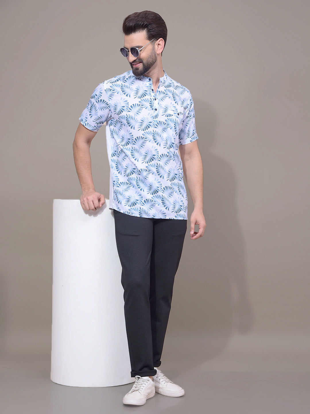 Green Floral Print Linen Kurta-Men Kurtas-Crimsoune Club