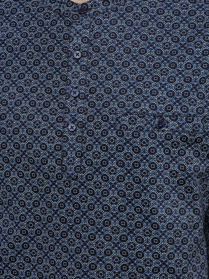 Navy Blue Printed Kurta-Men Kurtas-Crimsoune Club