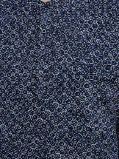 Navy Blue Printed Kurta-Men Kurtas-Crimsoune Club
