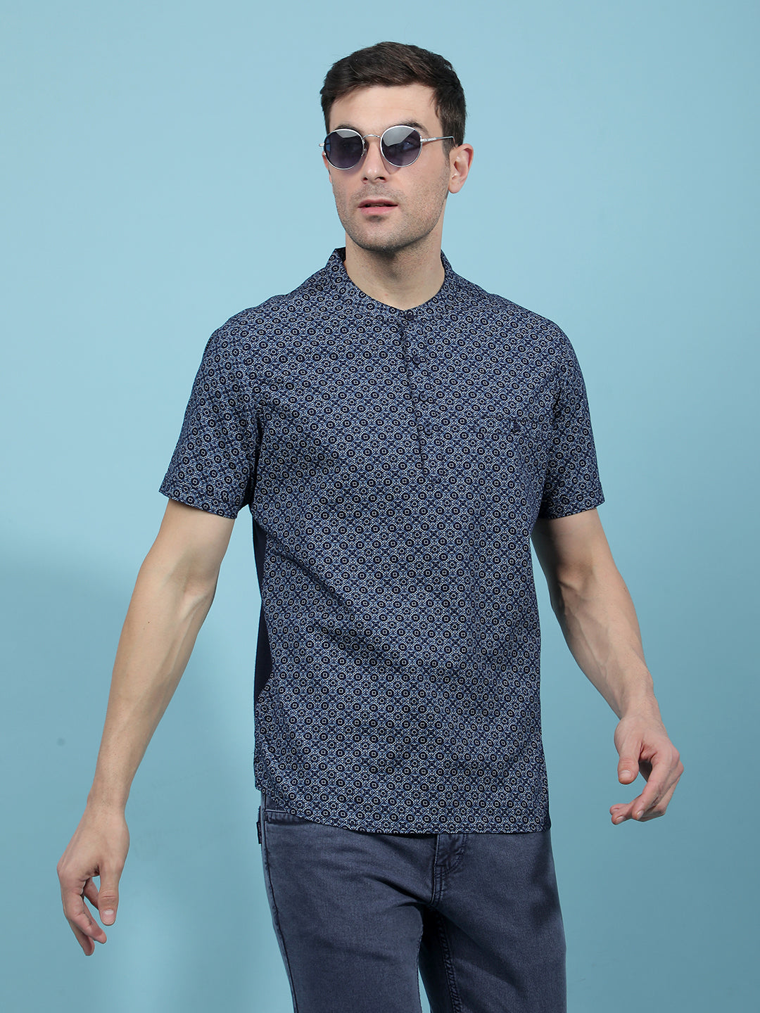 Navy Blue Printed Kurta-Men Kurtas-Crimsoune Club