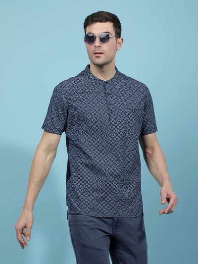 Navy Blue Printed Kurta-Men Kurtas-Crimsoune Club