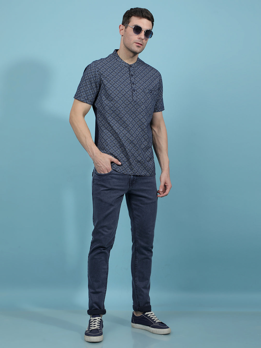 Navy Blue Printed Kurta-Men Kurtas-Crimsoune Club