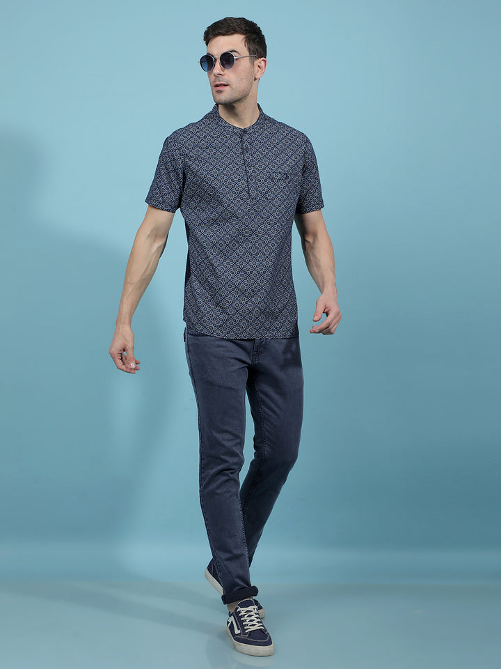 Navy Blue Printed Kurta-Men Kurtas-Crimsoune Club