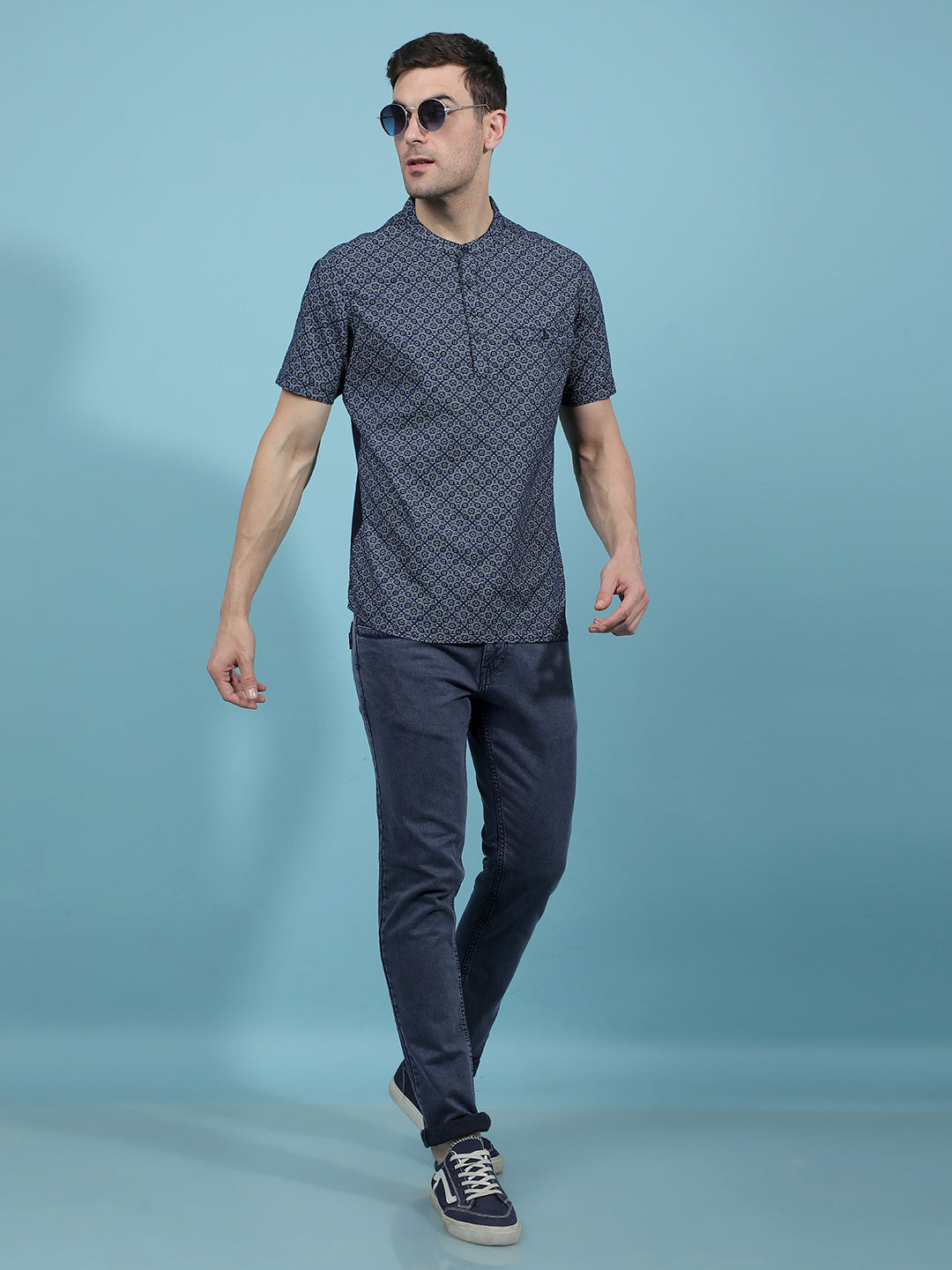 Navy Blue Printed Kurta-Men Kurtas-Crimsoune Club