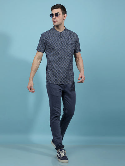 Navy Blue Printed Kurta-Men Kurtas-Crimsoune Club