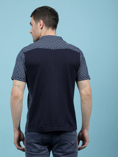 Navy Blue Printed Kurta-Men Kurtas-Crimsoune Club