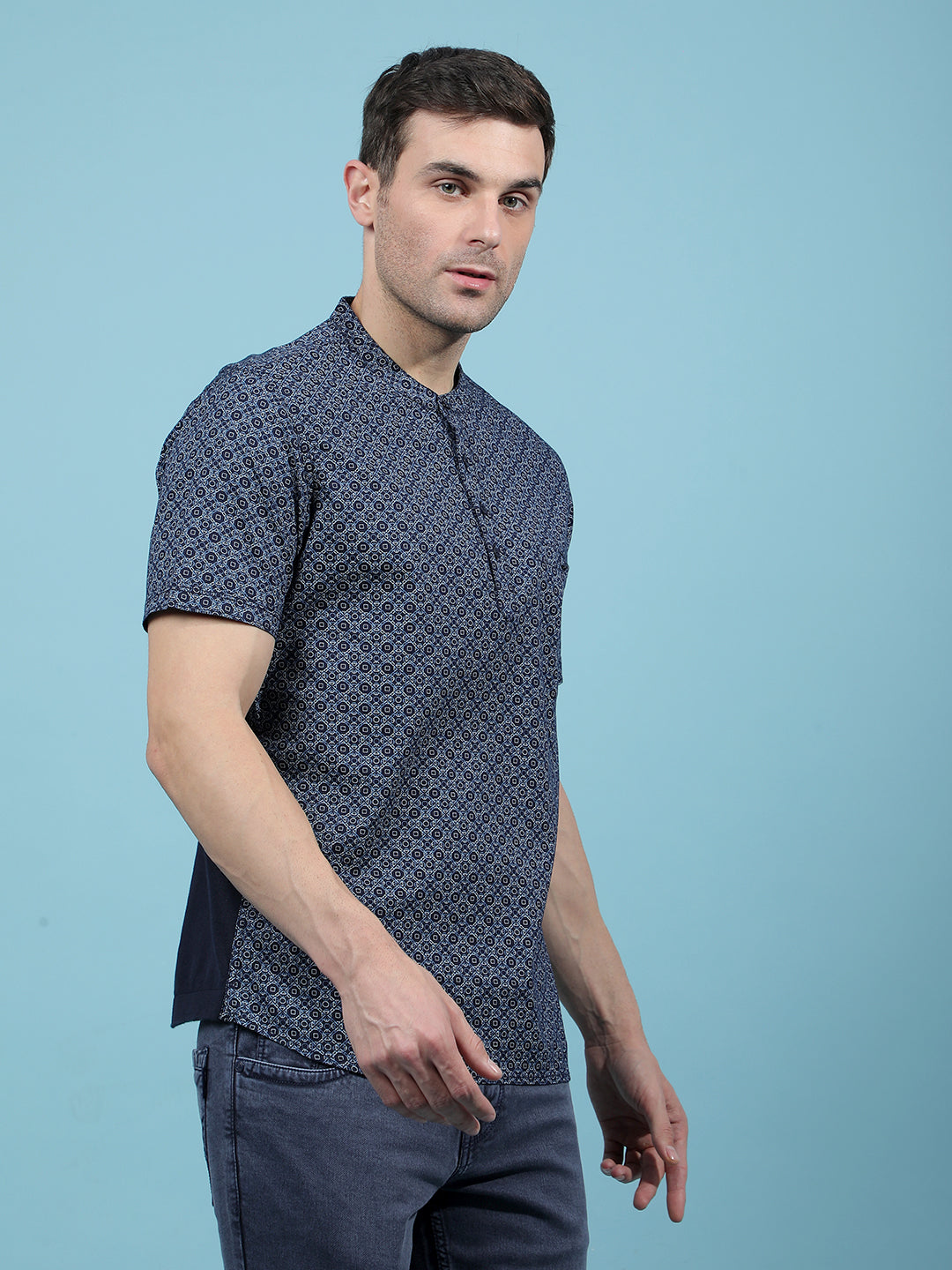 Navy Blue Printed Kurta-Men Kurtas-Crimsoune Club