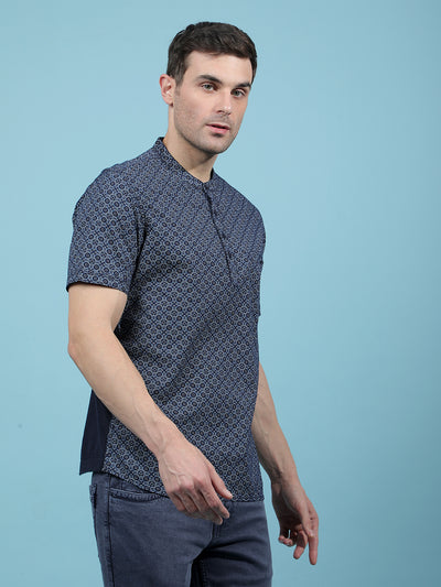 Navy Blue Printed Kurta-Men Kurtas-Crimsoune Club
