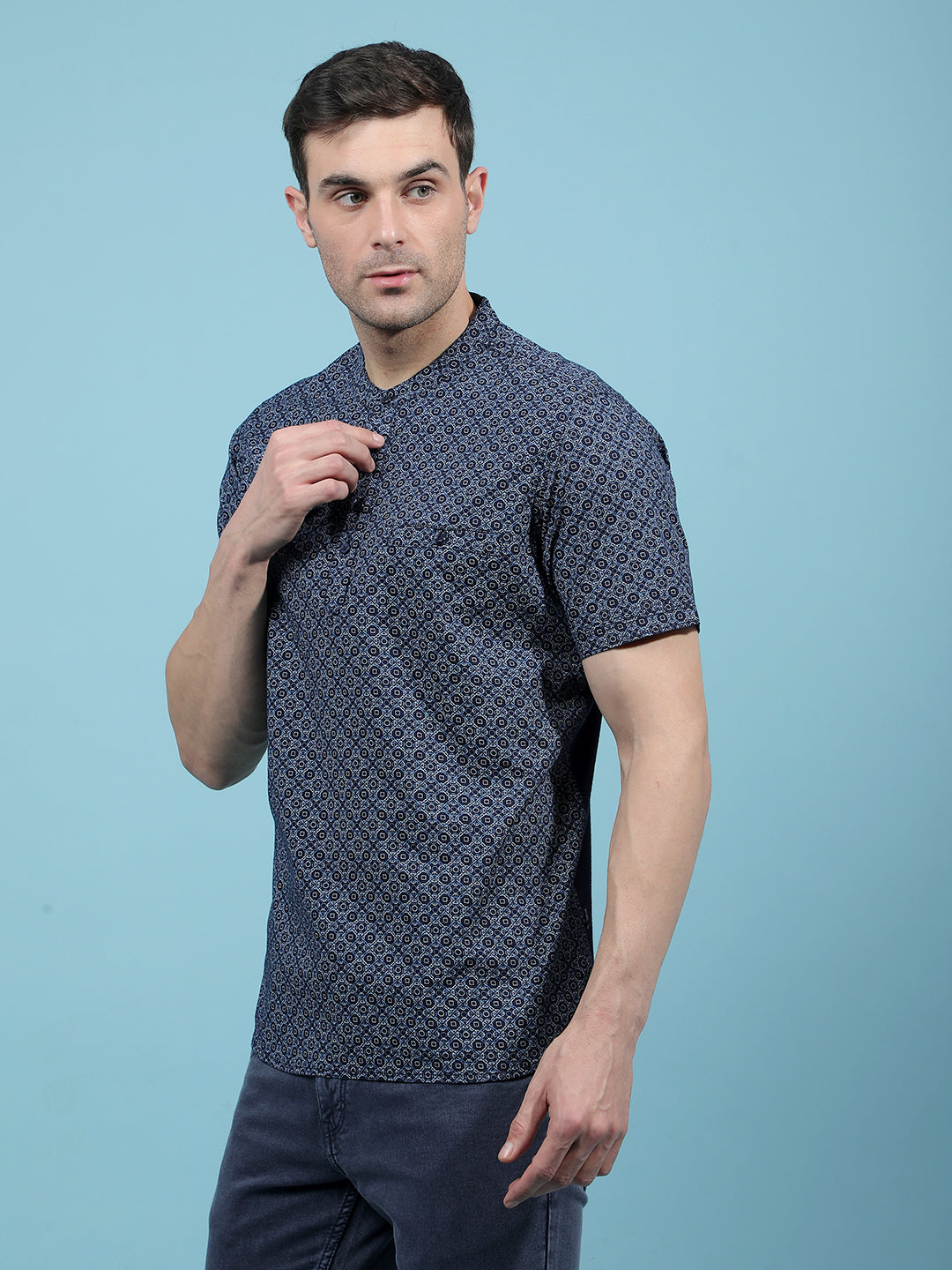 Navy Blue Printed Kurta-Men Kurtas-Crimsoune Club