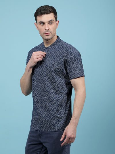 Navy Blue Printed Kurta-Men Kurtas-Crimsoune Club