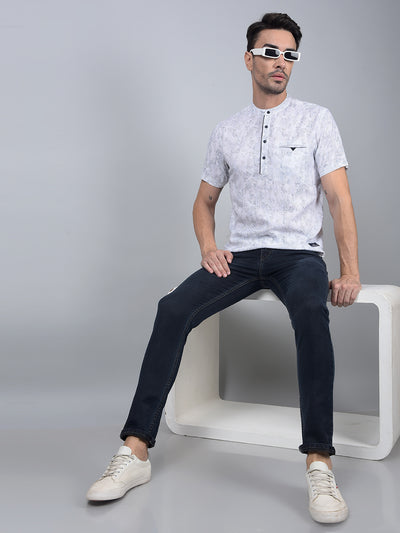 White Printed Linen Kurta-Men Kurtas-Crimsoune Club