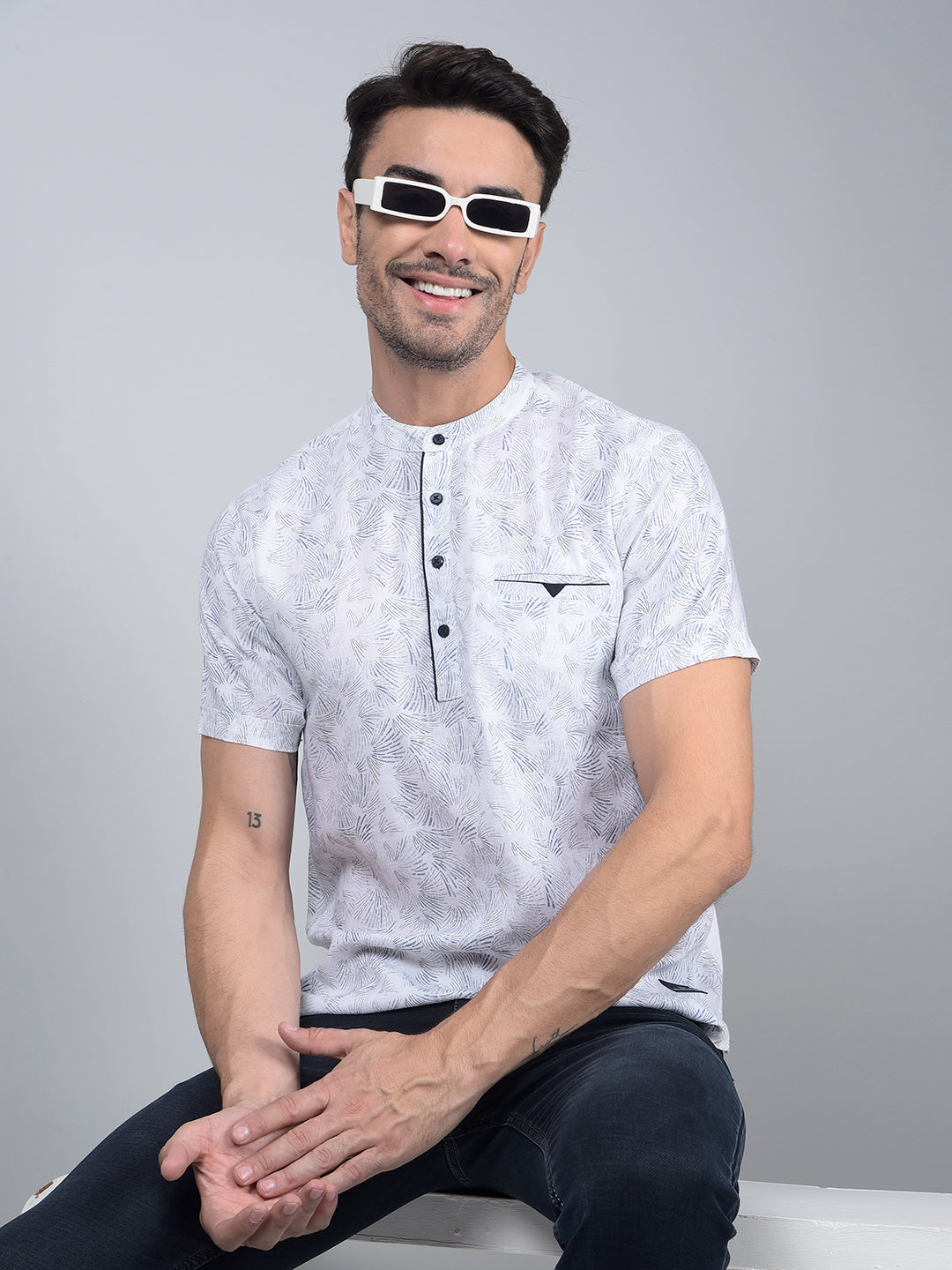 White Printed Linen Kurta-Men Kurtas-Crimsoune Club