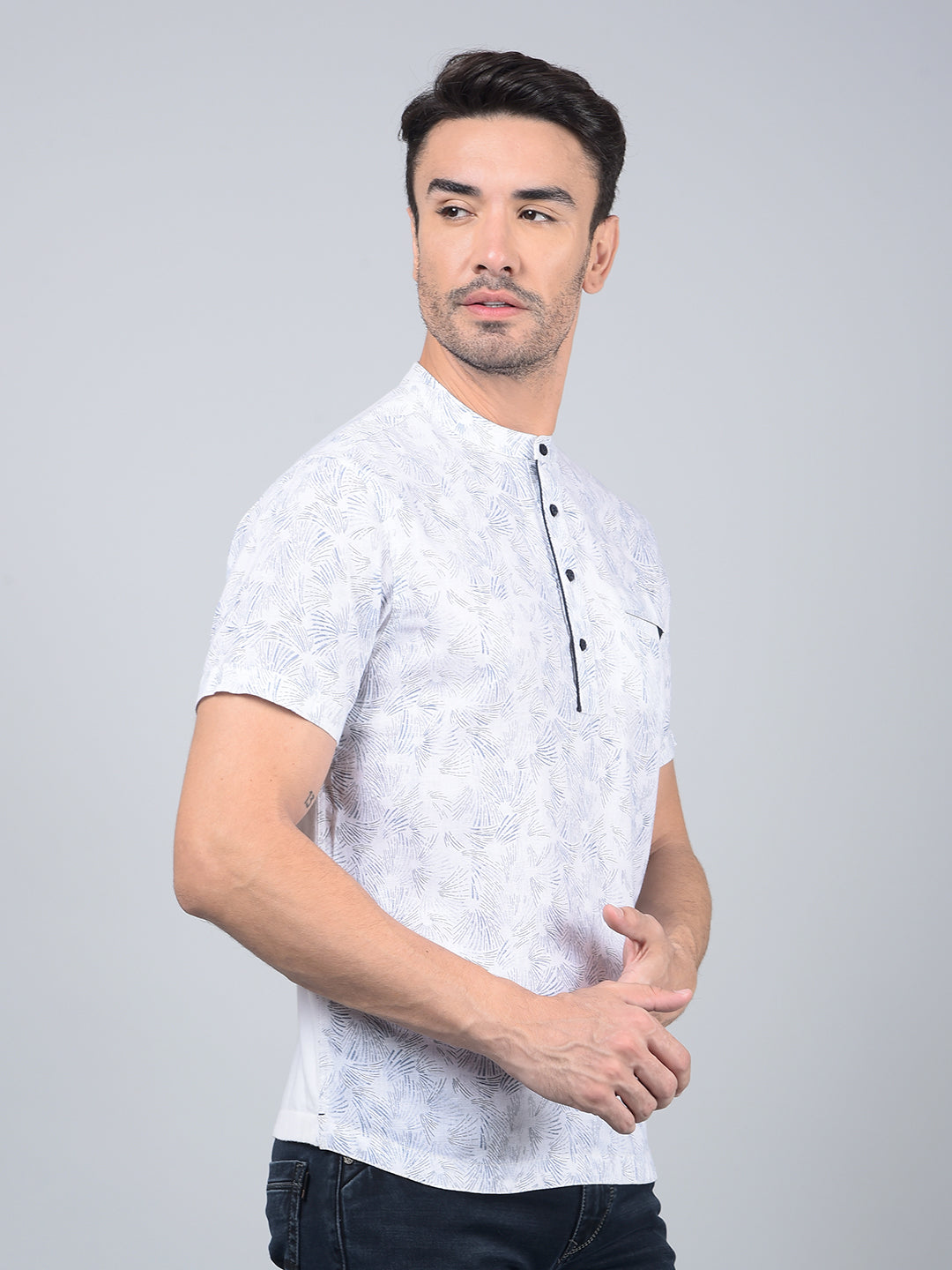 White Printed Linen Kurta-Men Kurtas-Crimsoune Club