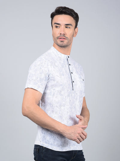 White Printed Linen Kurta-Men Kurtas-Crimsoune Club