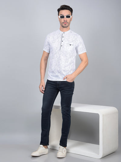 White Printed Linen Kurta-Men Kurtas-Crimsoune Club