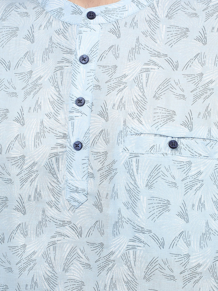 Blue Printed Linen Kurta-Men Kurtas-Crimsoune Club