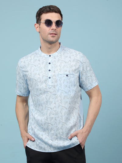 Blue Printed Linen Kurta-Men Kurtas-Crimsoune Club