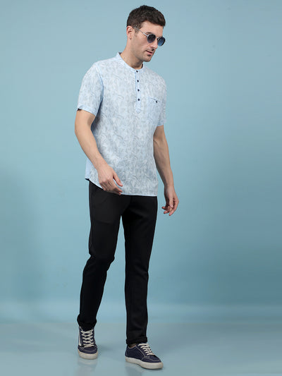 Blue Printed Linen Kurta-Men Kurtas-Crimsoune Club