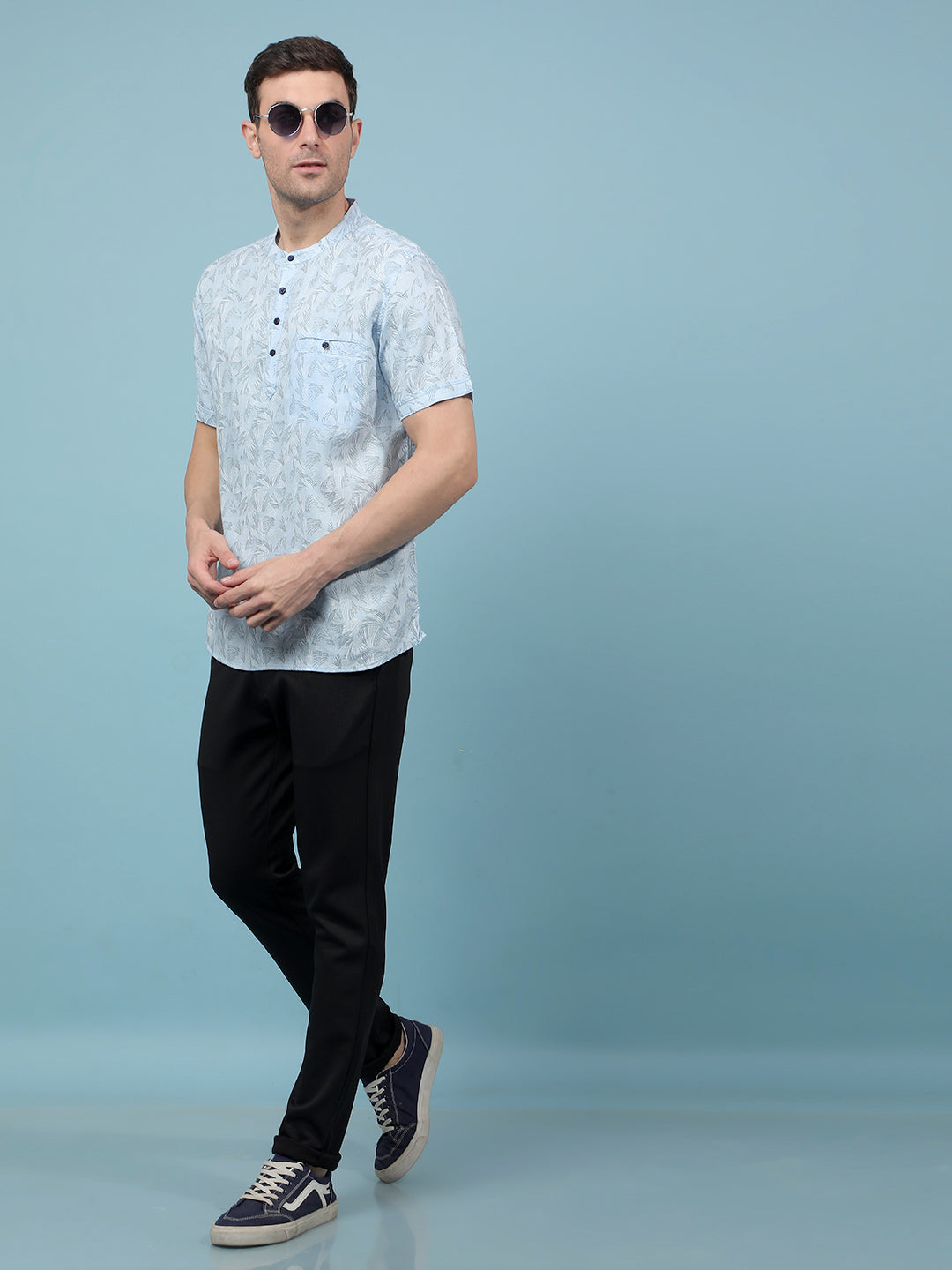 Blue Printed Linen Kurta-Men Kurtas-Crimsoune Club