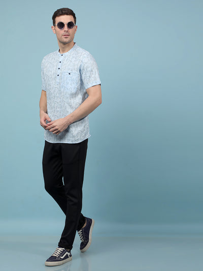 Blue Printed Linen Kurta-Men Kurtas-Crimsoune Club