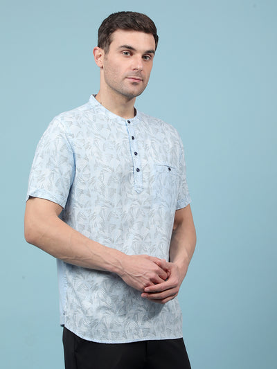 Blue Printed Linen Kurta-Men Kurtas-Crimsoune Club