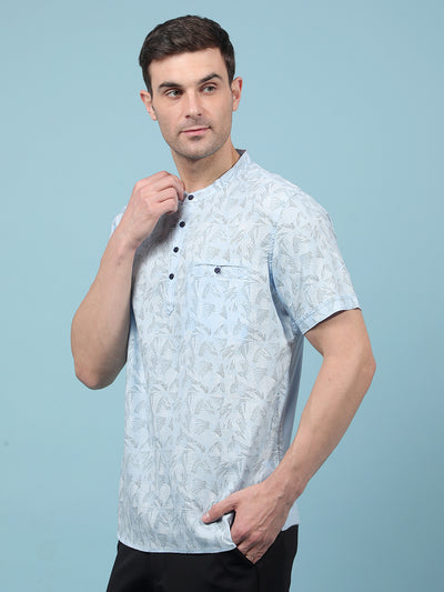 Blue Printed Linen Kurta-Men Kurtas-Crimsoune Club