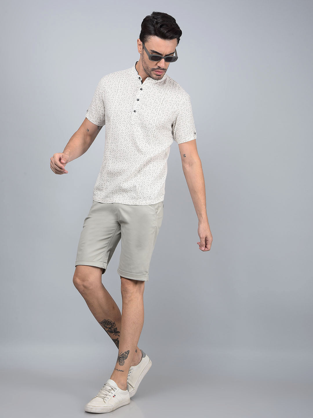 Beige Printed Linen Kurta-Men Kurtas-Crimsoune Club