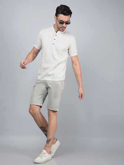 Beige Printed Linen Kurta-Men Kurtas-Crimsoune Club