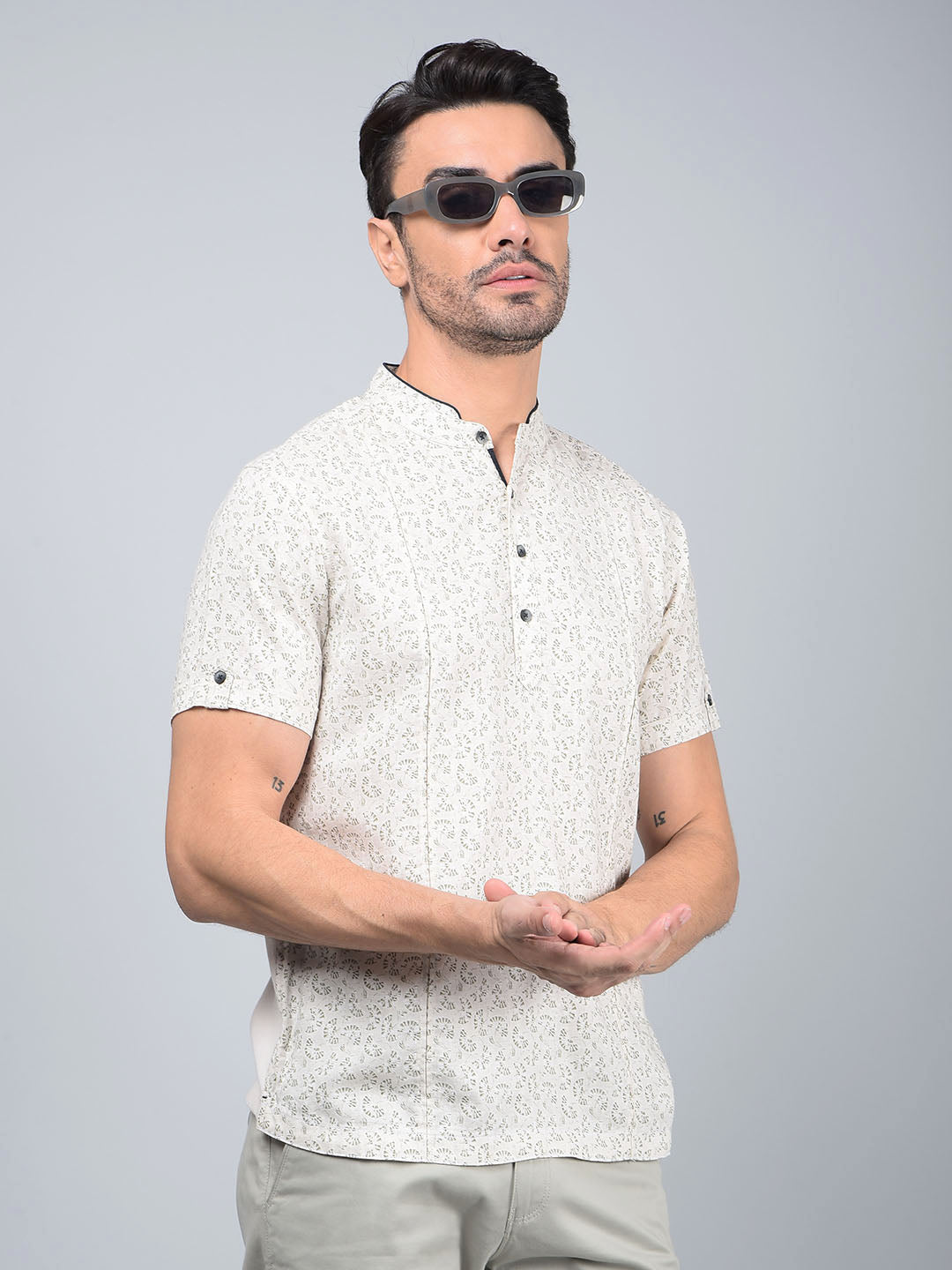 Beige Printed Linen Kurta-Men Kurtas-Crimsoune Club