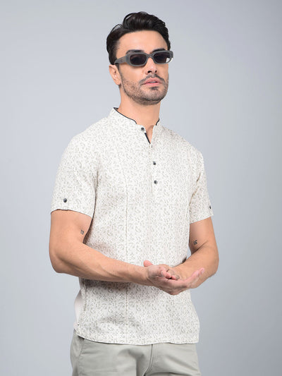 Beige Printed Linen Kurta-Men Kurtas-Crimsoune Club